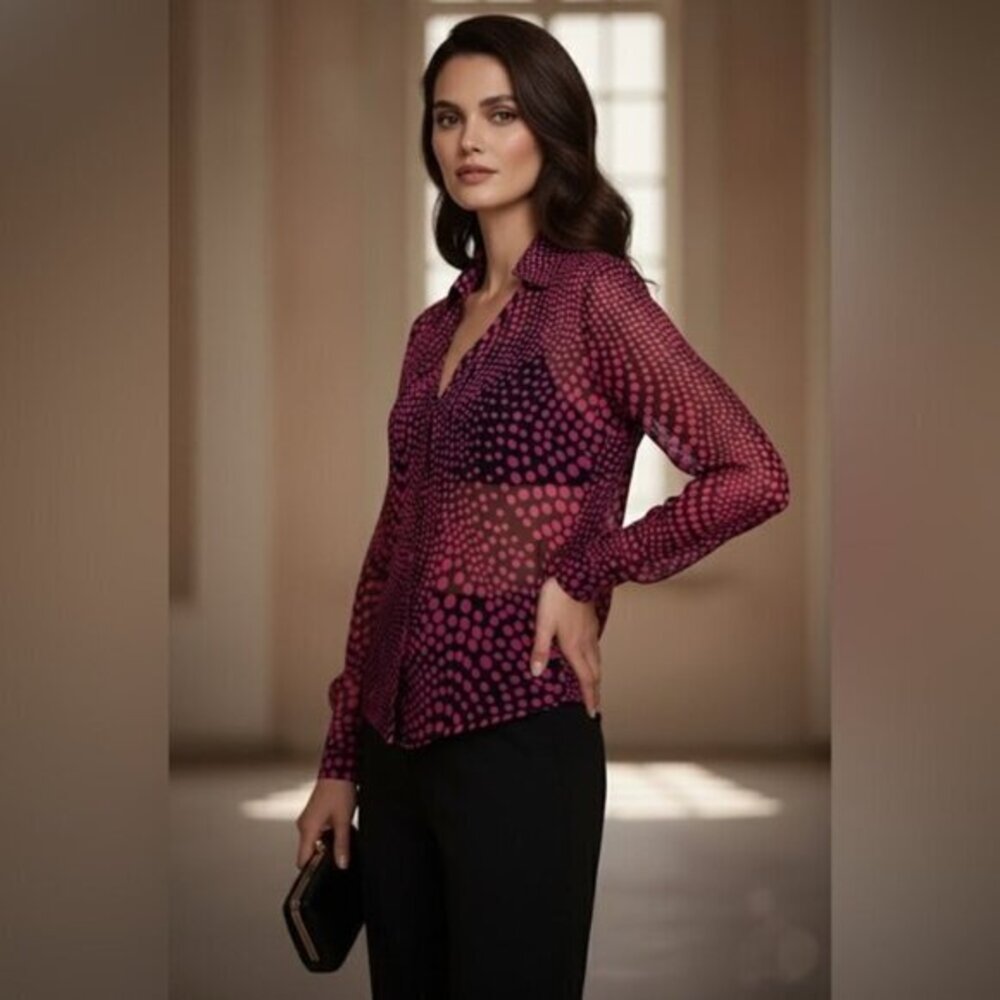 Silkland 100% Silk Blouse Black with Pink Dots — Size S